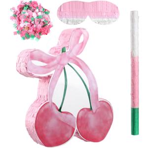 Pink Bow Piata with Stick Blindfold and Confetti, Cherry Theme Birthday Party Baby Shower Nursery Decorations Gifts