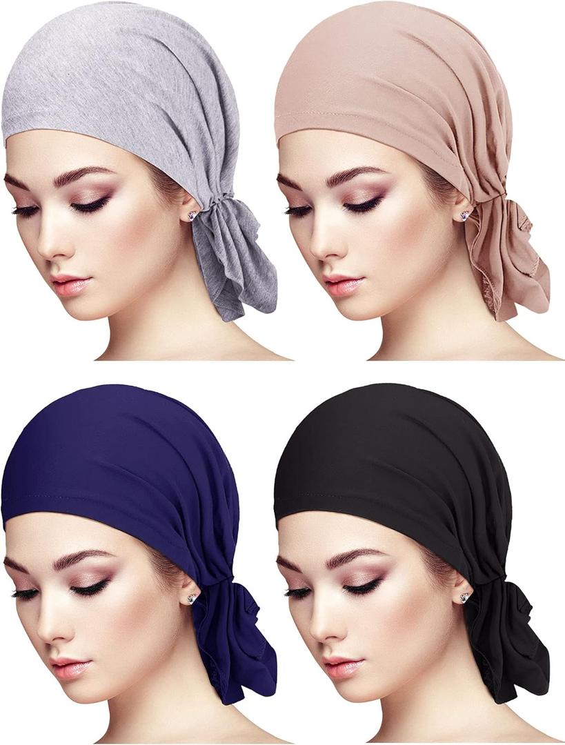 4 Pieces Slip-On Pre-Tied Head Scarves Women Headwear Turban Beanie Caps Head Wrap Headscarf for Women (Grey, Camel, Navy Blue, Black)