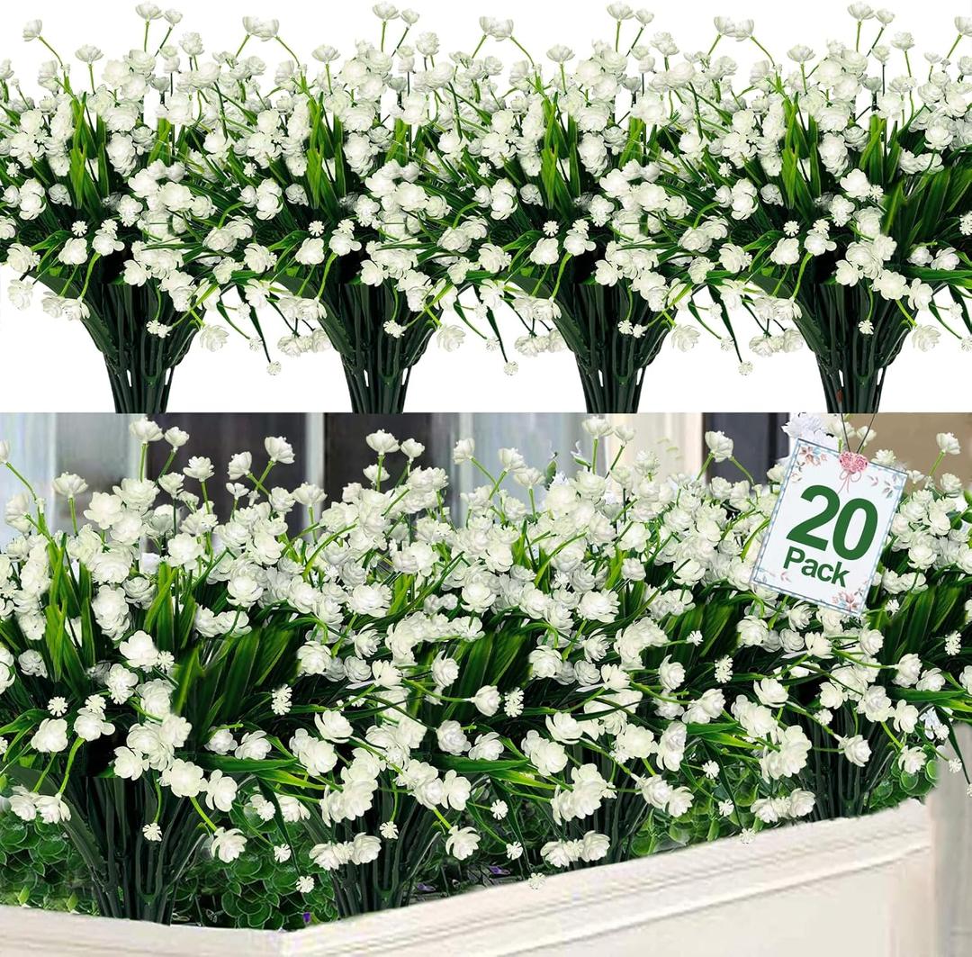 TURNMEON 20 Bundles Artificial Flowers for Outdoors,Summer Spring Grass Camellia Fake Flowers Plastic Plants,UV Resistant No Fade Faux Greenery for Gardens Porch Planter Cemetery Decor 500 Head(White)