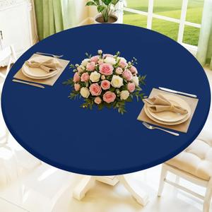 Moosfor Round Spandex Tablecloth, Elastic Fitted Waterproof Tablecloths for 25"-30" Tables, Stretch Washable Picnic Table Cover for Camping, Dining, Indoor and Outdoor, Navy