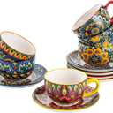 Henten Home 8.5 oz Cup with Saucers Set, Ceramic Coffee Mug Set of 6, Colorful Porcelain Cup for Latte, Tea, Cappuccino, Hot Cocoa, Espresso, Microwave & Dishwasher Safe