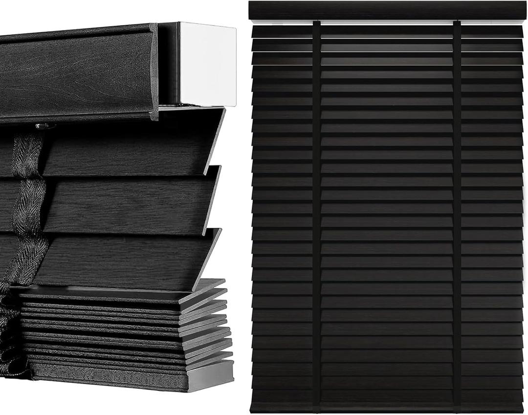 Custom Cordless Wood Blinds for Indoor Windows, 2 Inch Slats Blackout Horizontal Window Blinds, Wooden & Faux Wood Blinds for Home, Bedroom, Office (Black)
