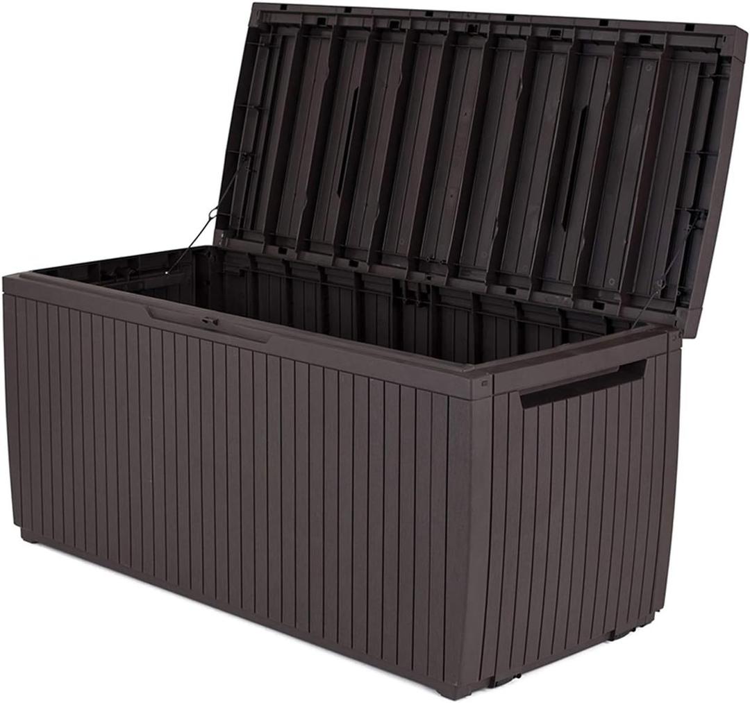 Keter Springwood 80 Gallon Resin Outdoor Storage Box for Patio Furniture Cushions and Garden Tools with Handles, Brown