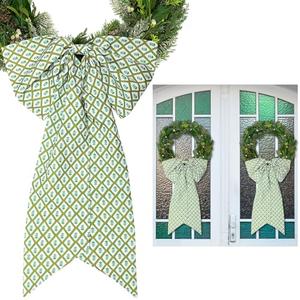 HunnmingRe 2 Pcs Green Block Print Bow Wreath Sash 24 x 16 Inch Christmas Wreath Sash for Front Door Holiday Floral Burlap Bow Accessories for Doorway Indoor Outdoor Garland Home (Green)