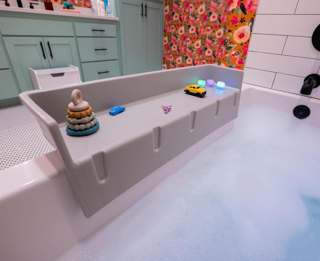 Tub Topper Bathtub Splash Guard & Bath Shelf for Kids Toddler Bath Tray, Bath Toys Storage & Ledge Organizer Splash Guard for Bathtub with Suction Cups Kids Bathroom Accessories (Gray)