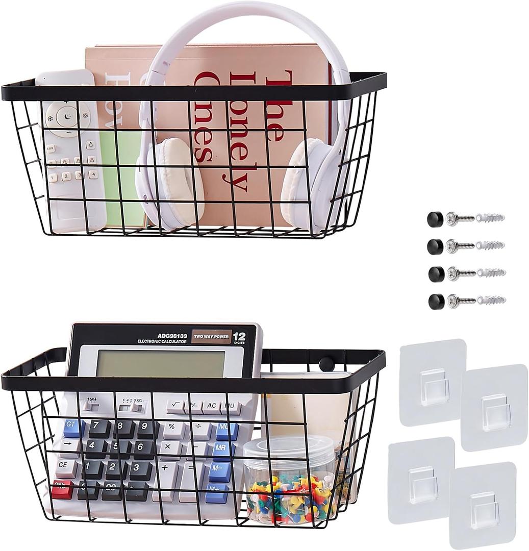 LIGHT DUST Wall Hanging Baskets - 2 Black Baskets Set Wire Basket Metal Organizer Bins for Kitchen Pantry Cabinet Bathroom Shower Door RV [Included Adhesive Hooks & Wall Mounted Screws]