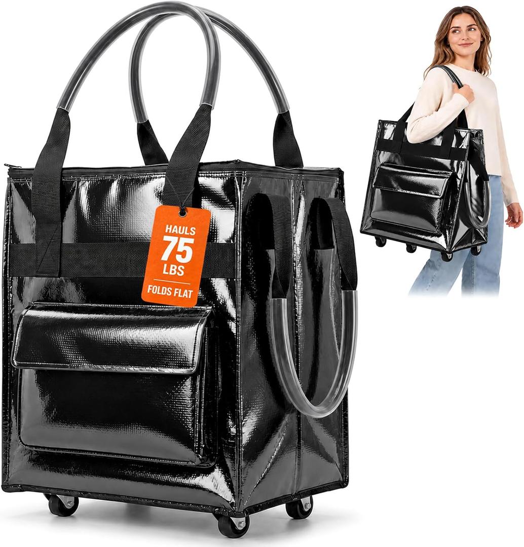 ACRABROS Reusable Grocery Bag on Wheels: Foldable Shopping Rolling Tote with Swivel Caster Wheels for Groceries & Laundry