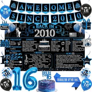 Trgowaul Happy 16th Birthday Decorations for Boys, Black Blue Back in 2010 Birthday Party Supplies, Vintage Blue 2010 Poster Banner, Bruh I'm 16 Sash, 16th Cake Topper, Latex Balloon, 16 Year Old Set