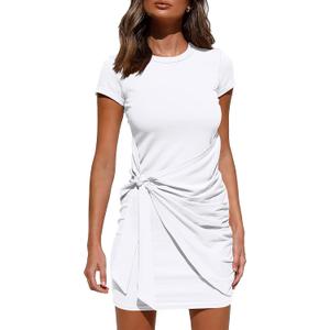 BTFBM Women 2025 Spring Casual Short Sleeve Ruched Bodycon Tank T Shirt Dress Tie Waist Sun Beach Summer Mini Dresses (Small)