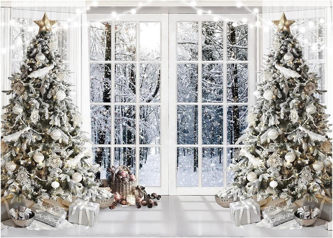 WOLADA White Christmas Photography Backdrop Snowy Winter Window Scene Christmas Trees Gifts Snowy Forest Background for Holiday Portraits Christmas Parties Studio Props Festive Decor 8x6FT FW74