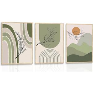 3pcs Gray Green Boho Wall Art Minimalist Wall Decor Canvas Pictures Abstract Geometric Line Paintings Sun Plant Sage Posters Prints for Room Decoration Unframed