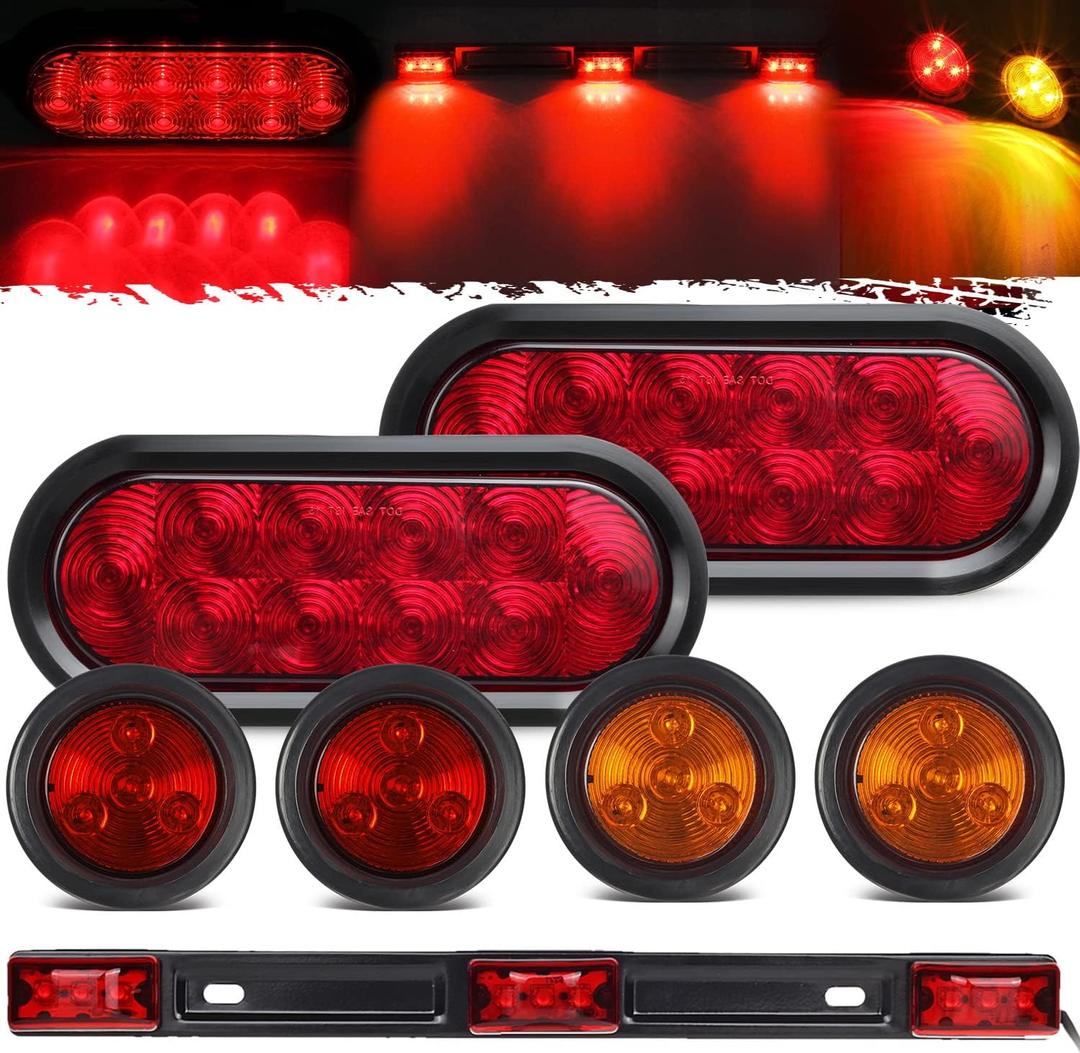 Partsam 12v LED Truck Trailer Light Kit Waterproof, 2x 6" Oval Red Stop Turn Tail Brake Lights+14.17" Red 3 Light 9 LED Stainless Steel ID Light Bar+(2xRed+2xAmber) 2" Round 4 LED Side Marker Lamps