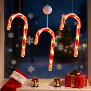 3 Pack Christmas Window Lights Decorations with Timer,Battery Powered Red Lighted Candy Cane LED Sucker for Xmas 2026 Hanging Fireplace Window Indoor Decor