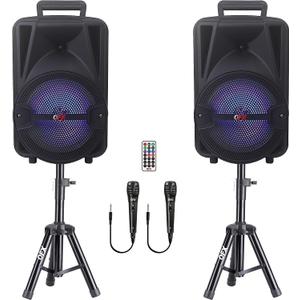 QFX PBX-800TWS Dual 8" Powered PA Speaker System | 2 Rechargeable Bluetooth Party Speakers, 2 Tripod Stands, 2 Wired Mics, Remote | TWS Stereo Pairing, RGB Lights, FM/USB/TF/AUX