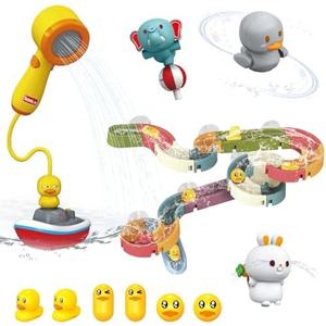 Mostop Toddler Bath Toys for Kids 4-8, Wall Track Buiding Set - Baby Bathtub Toys with Shower Head - Duck Slide Bath Toys - Fun DIY Wall Track Building Set Bathtub Birthday Gift for Boys Girls