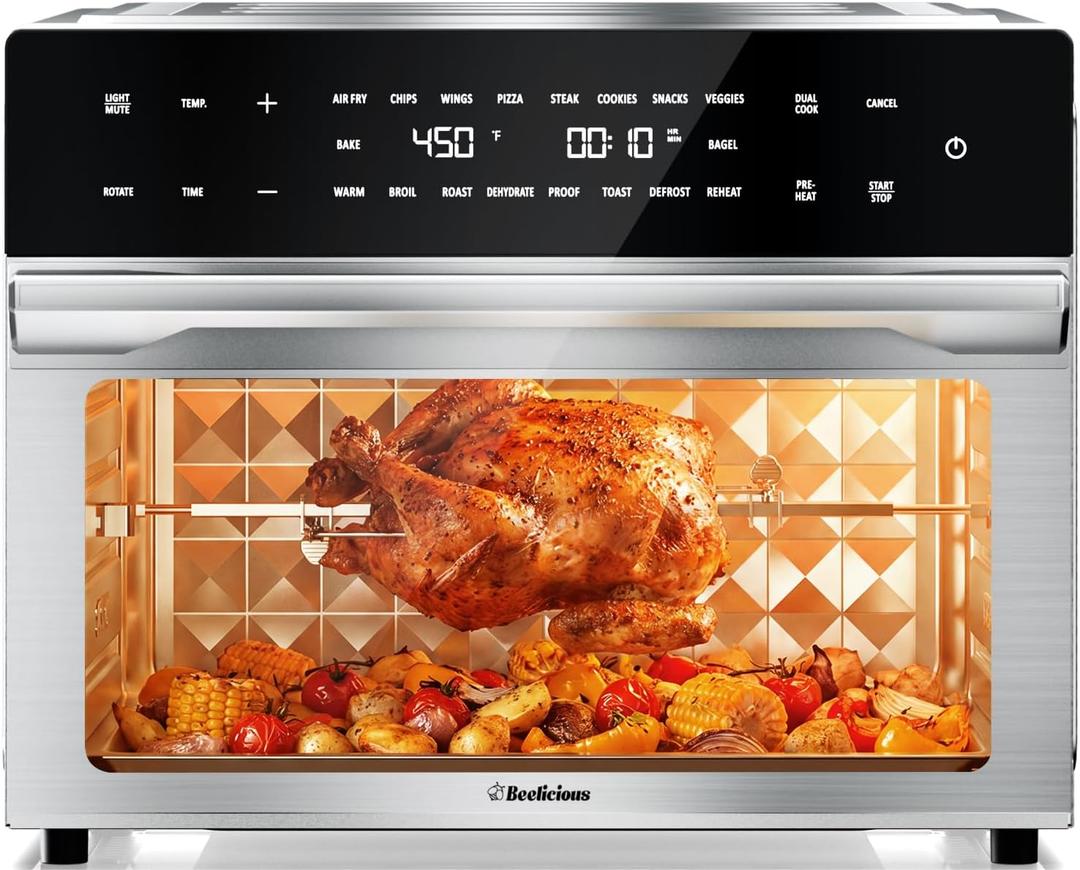 Beelicious 32QT Extra Large Air Fryer, 19-In-1 Air Fryer Toaster Oven Combo with Rotisserie and Dehydrator, Digital Convection Oven Countertop Airfryer Fit 13" Pizza, 6 Accessories, Stainless Steel, 16.9"D x 18"W x 14.4"H