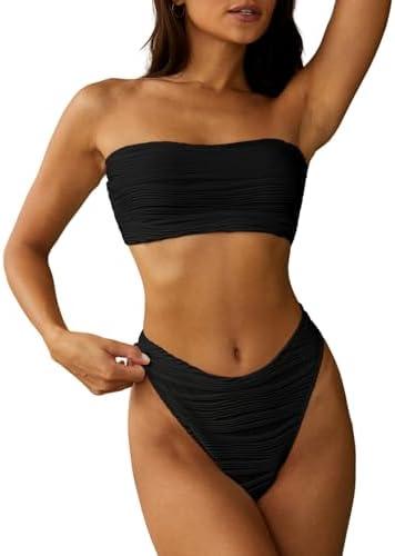 ZAFUL Women Strapless Textured Bandeau Bikini 2 Piece Swimwear Cheeky Solid Lace up Bathing Suits.M