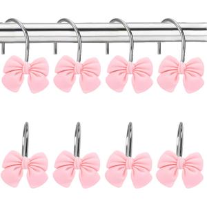 12 Pink Bow Resin Shower Curtain Hooks - Cute Bathroom Decor for Girls, Princesses and Glam Style