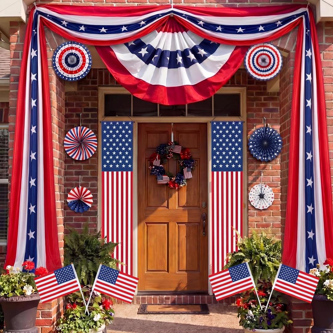 14 Pcs 4th of July Porch Decorations Patriotic Bunting Outdoor Hanging Decor with Red White Blue Paper Fans American Flags Door Banners Garland for 250th Anniversary Veterans Day Outdoor Porch Decor
