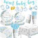 Baby Boy Baby Shower Decorations, Blue Floral Sweet Baby Boy Party Supplies, Plate, Napkin, Cup, Tablecloth, Banner, Swirls, Cutlery, Boy Gender Reveal Table Decorations, Serves 24