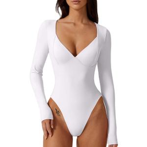 QINSEN White Long Sleeve Bodysuit for Women V Neck Seam Cup Body Suits Double Lined Stretch Shirts Tops (White, L)