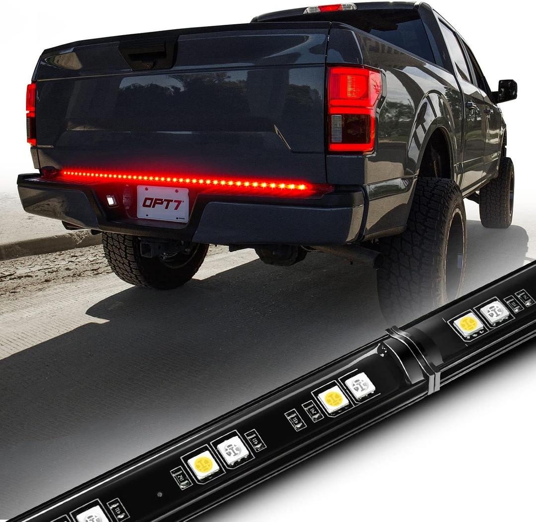 OPT7 Redline Parlux 60" Aluminum Truck Tailgate Light Bar w/Flash Red Turn - Rigid 2-Section Single Row LED Strip, Dynamic Taillight w/White Reverse, Red Running - Fits F150, Silverado, Sierra, Ram