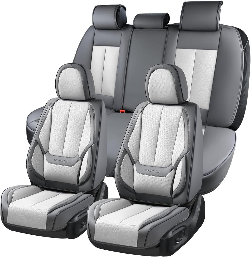 Coverado Car Seat Covers Full Set, Car Seat Protector Waterproof, Nappa Leather Car Seat Cushion, Seat Covers for Cars, Front Seats and Back Universal Fit for Most Cars, Gray-White