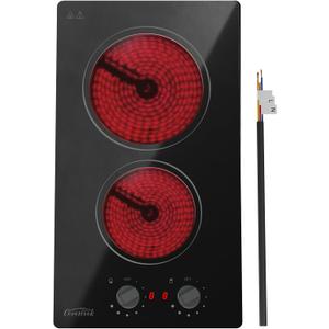 12 inch Electric Ceramic Cooktop, 2 Rings Radiant Stove Countertop Burners with Knob Control, Black Glass Hot Plate for Cooking, No Plug Hardwire 220-240V 3KW