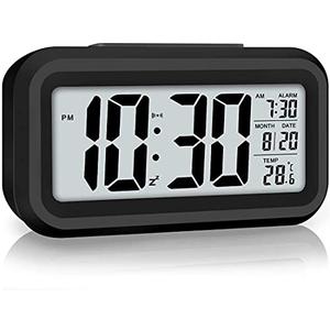 Jisile Digital Alarm Clock, Alarm Clock for Bedroom with Smart Night Light, Indoor Temperature, Large LED Display, Battery Operated Desk Clock for Kids Birthday