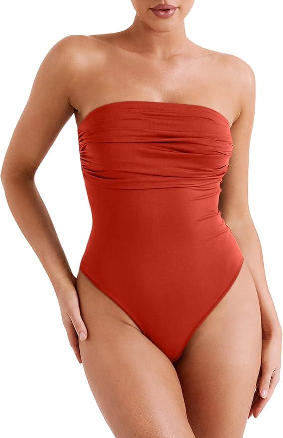 REORIA Women's Sexy Strapless Ruched Bodysuit Tube Top Sleeveless Trendy Body Suits (Medium, Color: Cherry Red
)