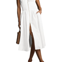 Wenrine Womens Summer Smocked Midi Dress Casual Zipper V Neck Cap Sleeve High Slit Flowy Long Dresses, Small