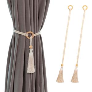 Contoeey Curtain Tiebacks Holders Cotton Curtain Ties for Drapes Decoration Wooden Rope Curtain Holdbacks Boho,Beige 2pack