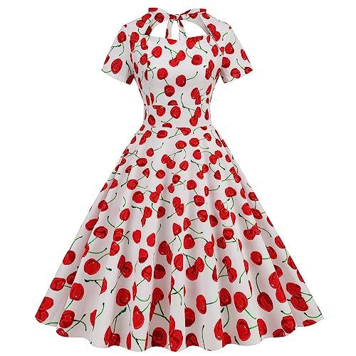 50s Red Cherry Dress Women 1950s Vintage Cocktail Swing Retro Rockabilly Short Sleeve Summer Print Cut Out Tie Back Flare A-Line Audrey Hepburn White Cherry, L