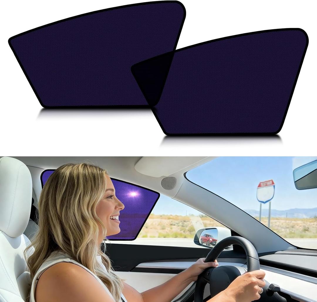 ZATOOTO Tesla Model Y Juniper 2020-2026 Front Window Shade for Driver & Passenger, Bluish-Purple Static Cling Car Window Shades | Block Harsh Sunlight | Sun Shade UV Blocker with Storage Bag