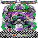 Monster Truck Birthday Decorations - Cake Topper, Banner, Backdrop, Latex Balloons, Foil Balloons, Table Cover, Sticker Set,149Pcs Set, Monster Truck Party Decorations (Purple and Green)