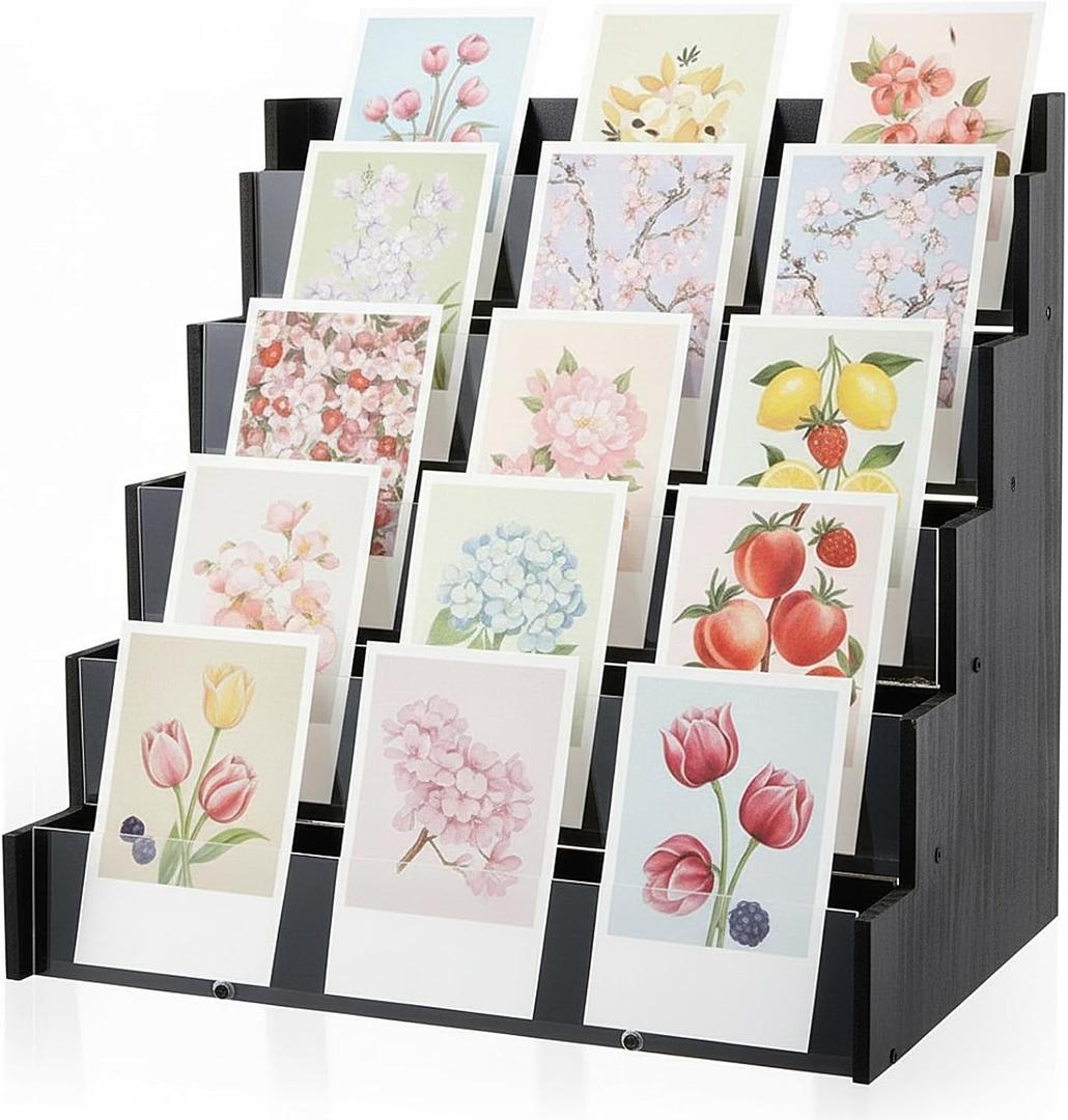 5 Tier Greeting Card Display Stand Black Bamboo and Acrylic Sticker Display Stand Trading Card Holder Retail Photos Shelf for Vendors Craft Collection & Show