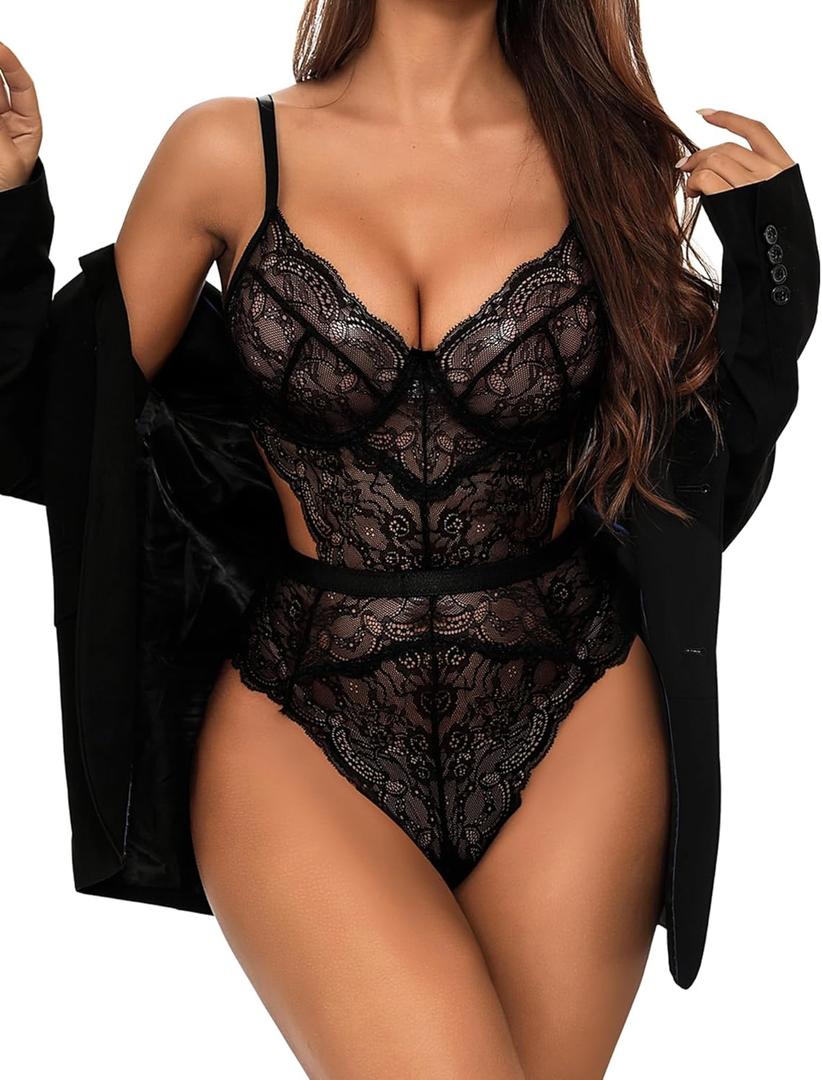 Aranmei Women Sexy Lingerie Bodysuit Lace Teddy Snap Crotch V Neck Cut Out One Piece Babydoll Underwire (Medium, Black)