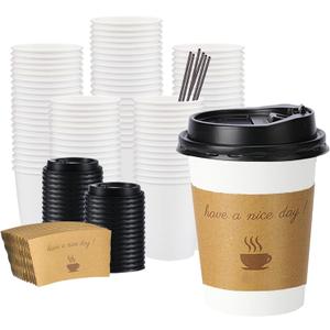 BYSNOW 100 pack 12 oz Disposable Thickened Coffee Cups with Lids, Scald Resistant Hot Cup with Sleeve and Straw, To Go Coffee Cups for Home, Office, Cafes and Party (White 12oz)