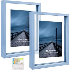 MUYE 8x10 Floating Frame Set of 2,Double Real Glass Photo Frame for Wall Hanging or Tabletop Standing,Display Any Size Photo up to 8x10,Blue