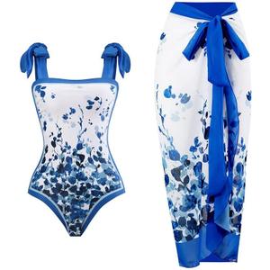 Women's One Piece Swimsuit with Beach Cover up Wrap Skirt Sarong Retro Floral Print Bikini Set Two Piece Bathing Suit (Medium, Dark Blue Floral)