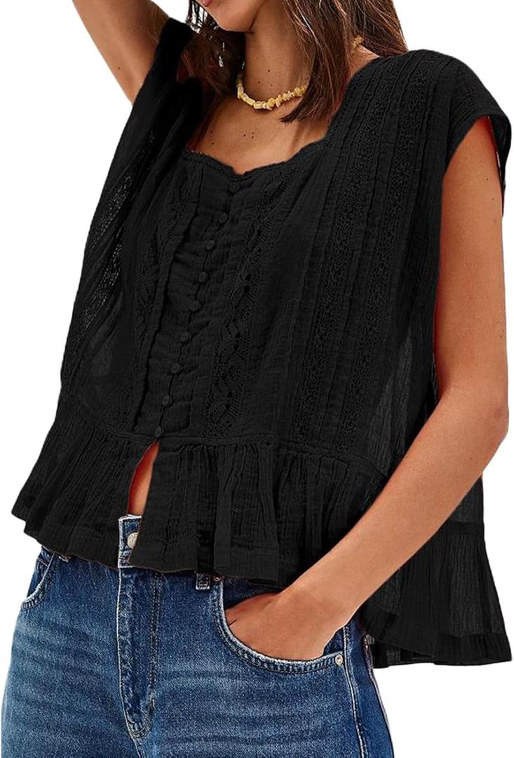 Women Y2k Semi Sheer Blouse Shirt Lace Trim Button Down Short Sleeve Round Neck Casual Going Out Tops Streetwear (Black, L)