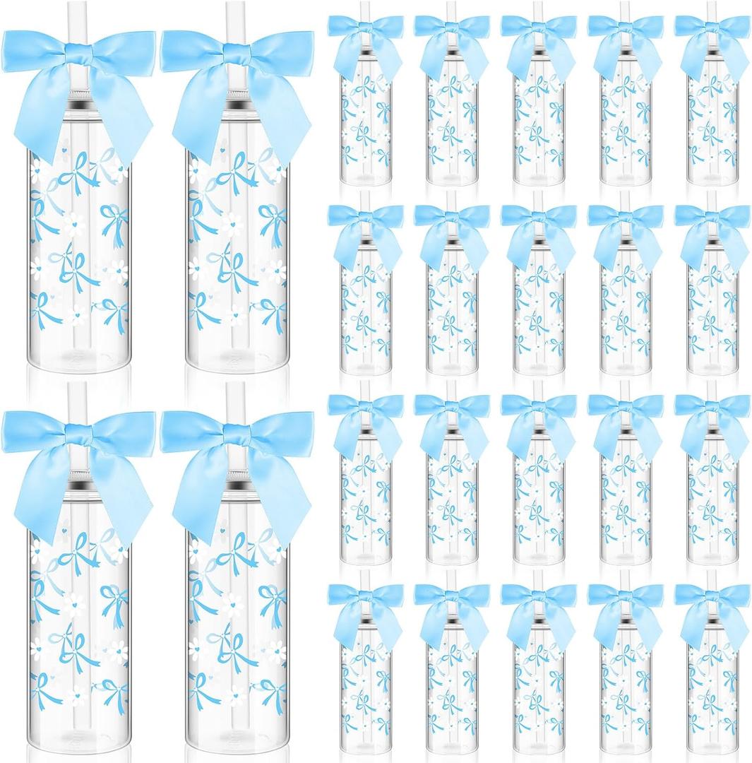 Jingmore 24 Pcs 14 oz Blue Bow Plastic Cups Reusable Coquette White Florets Aesthetic Cute Bottles with Lids and Straws with Ribbon Bow for Women Birthday Bridal Shower Wedding Gifts Party Supplies