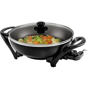 OVENTE Electric Wok with Nonstick Coating, 13 Inch Family-Sized Skillet, 1400W Power, Adjustable Temperature, Tempered Glass Lid, Cool Touch Handles and Easy to Clean Frying Surface, Black SK3113B
