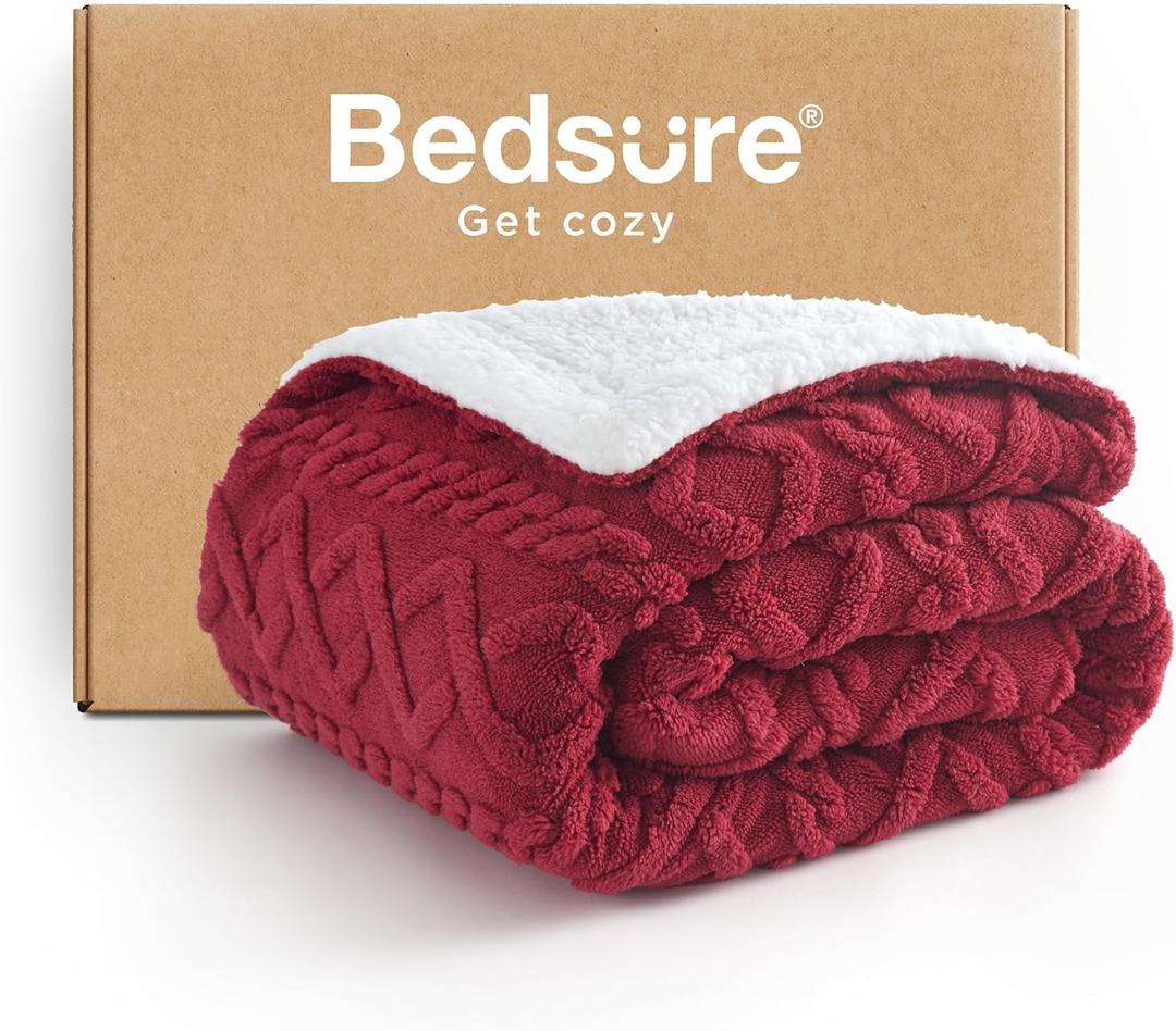 Bedsure Gentlesoft Sherpa Fleece Throw Blanket for Couch - Fluffy & Cozy Cable Jacquard Tufted Throw for Women Gift, Thick and Warm Christmas Blanket for Winter, Red, 50x60 Inches