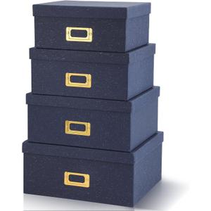 Eaasty Set of 4 Decorative Storage Boxes with Lids, Kraft Paper Boxes with Gold Label Holders, Decorative Photo Memory Keepsakes Storage, Cardboard Organizers for Home Decor, Office Organizing(Blue)