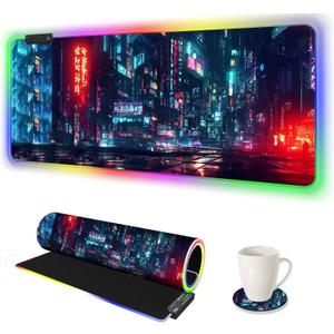 ARTSO RGB Gaming Mouse Pad Large, Extended Soft Led Mouse Pad with 14 Lighting Modes 2 Brightness, Water Resist Keyboard Pad, Computer Mousepads Mat 35.4x15.7inch, Night City