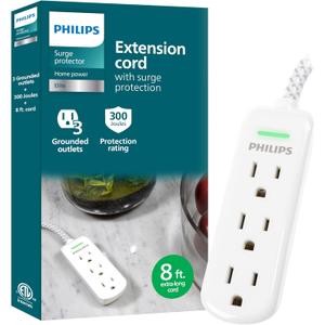 Philips 3-Outlet Grounded Extension Cord, Long Extension Cord, Flat Plug Surge Protection Power Strip, 300 Joules, UL Listed, White, SPP3433BB/37