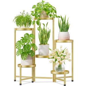 iDavosic.ly Plant Stand Indoor Outdoor, 6 Tier Corner Metal Flower Display Holder Shelf, Easy Assembly Folding Tall Orchid Rack for Patio Balcony Porch Garden Living Room House, Gold
