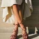 PARTY Women's Strappy Sandals Gladiator Lace Up Flats Summer Wrap Open Toe Tie Up Shoes, Burgundy, 8