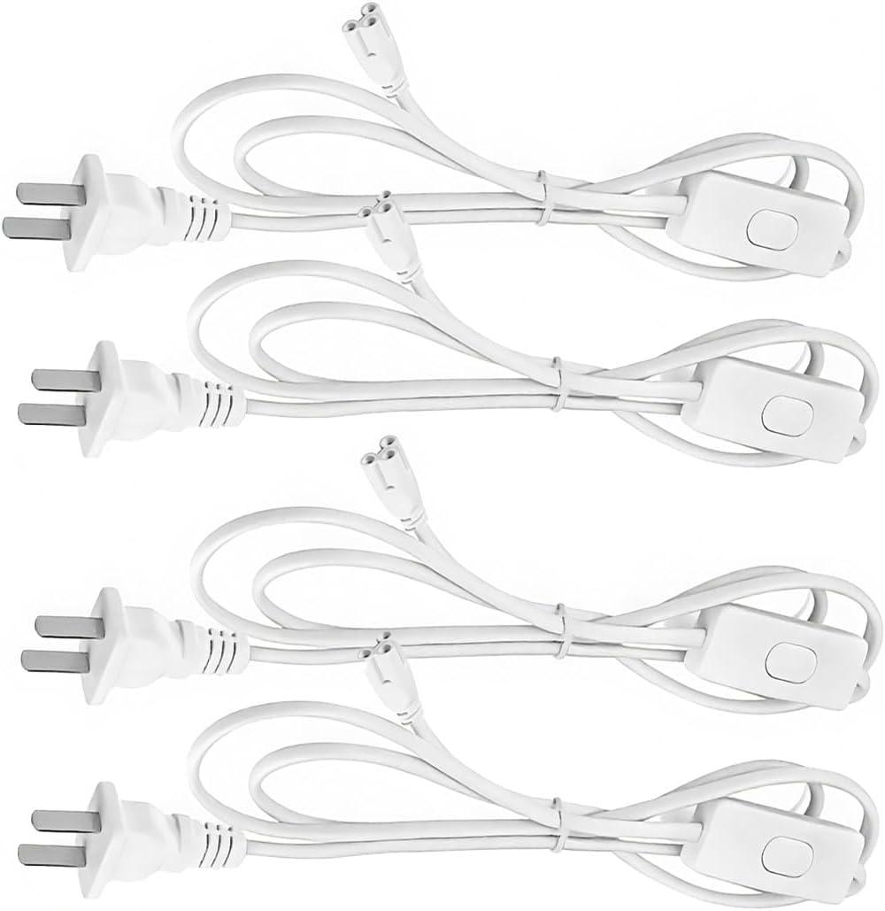 T5 T8 LED Light Plug Extension Cord with On/Off Switch - 6FT/1.8M Power Cable for Integrated Tube Fixtures, Shop Lights, Garage, Under Cabinet (4-Pack)